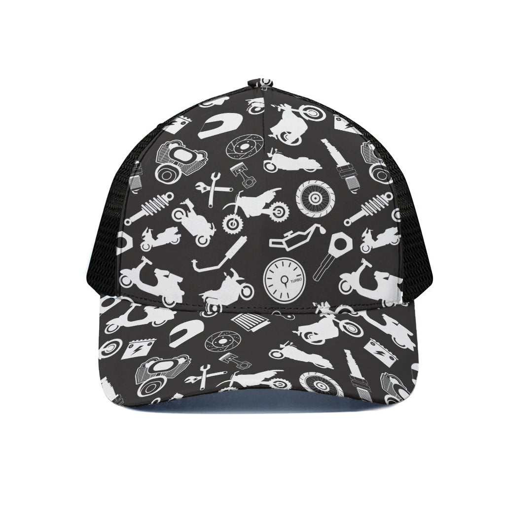 Motorcycle Equipment Pattern Print Black Mesh Trucker Cap