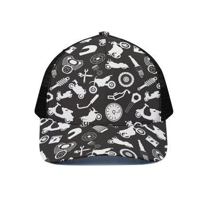 Motorcycle Equipment Pattern Print Black Mesh Trucker Cap