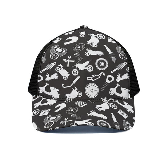 Motorcycle Equipment Pattern Print Black Mesh Trucker Cap