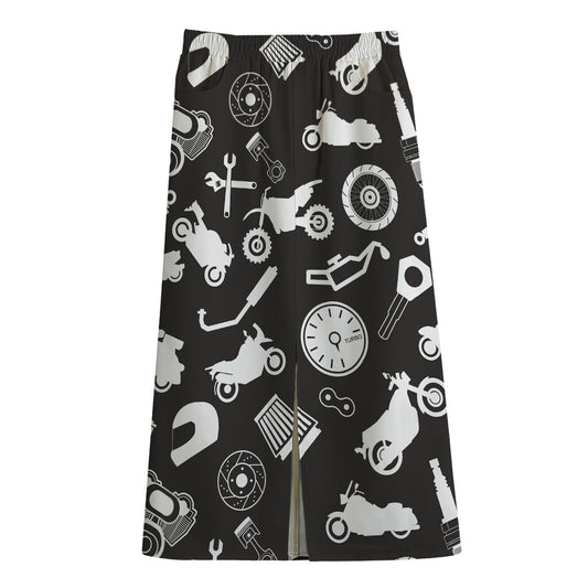 Motorcycle Equipment Pattern Print Cotton Front Slit Maxi Skirt