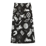 Motorcycle Equipment Pattern Print Cotton Front Slit Maxi Skirt