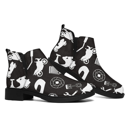 Motorcycle Equipment Pattern Print Flat Ankle Boots