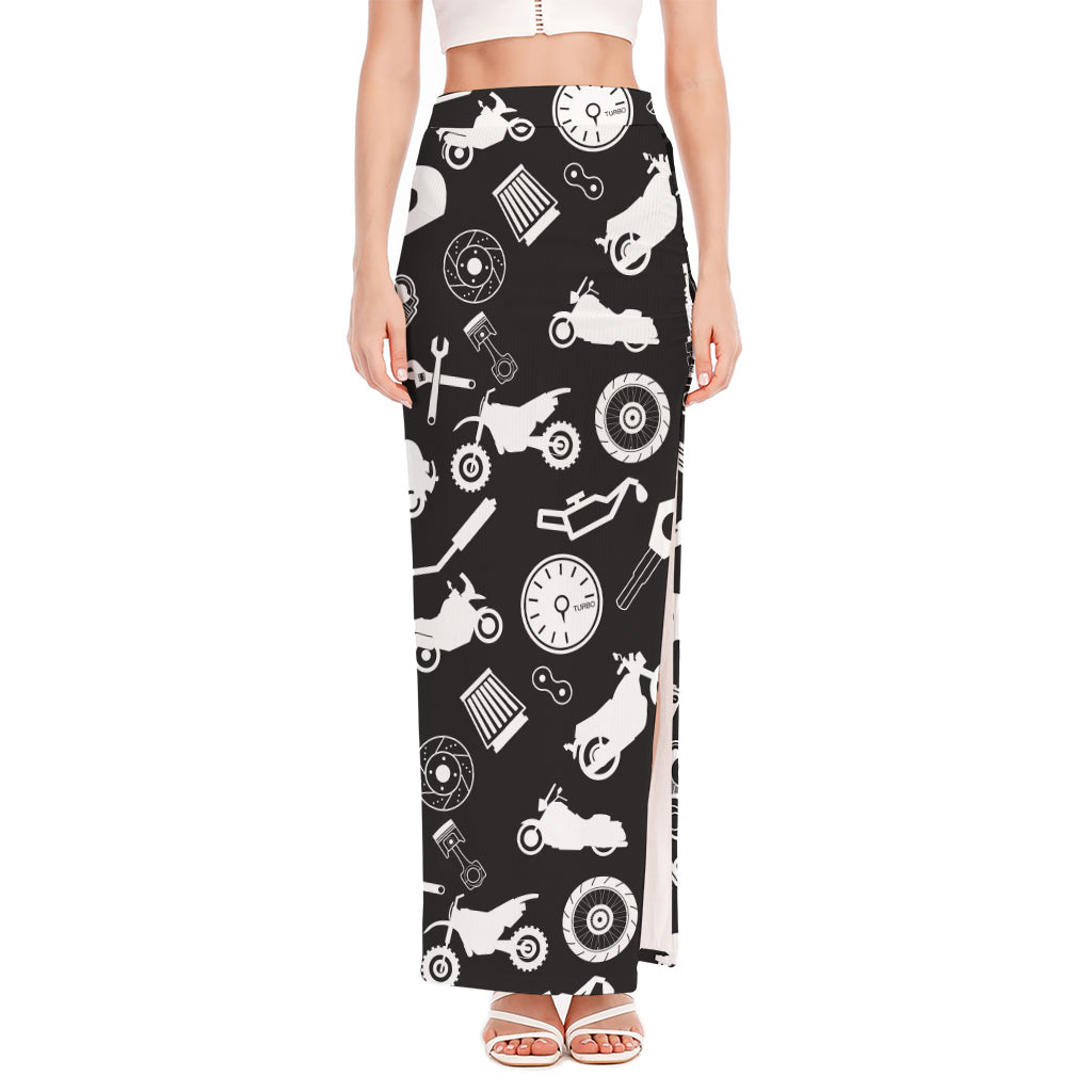 Motorcycle Equipment Pattern Print High Slit Maxi Skirt