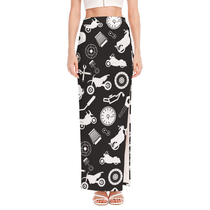 Motorcycle Equipment Pattern Print High Slit Maxi Skirt