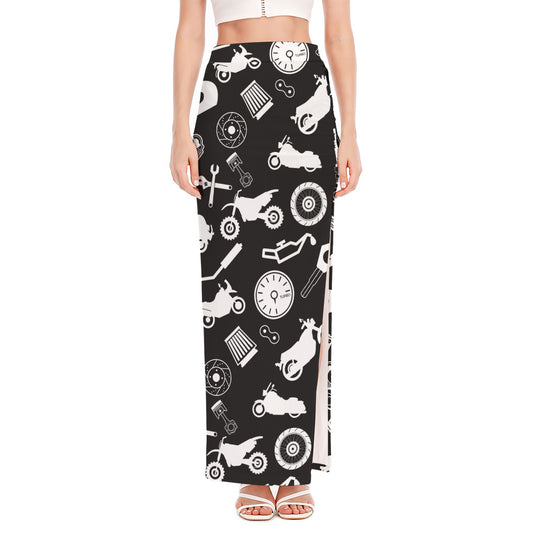 Motorcycle Equipment Pattern Print High Slit Maxi Skirt