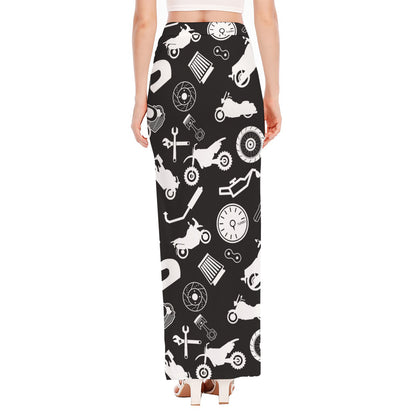 Motorcycle Equipment Pattern Print High Slit Maxi Skirt