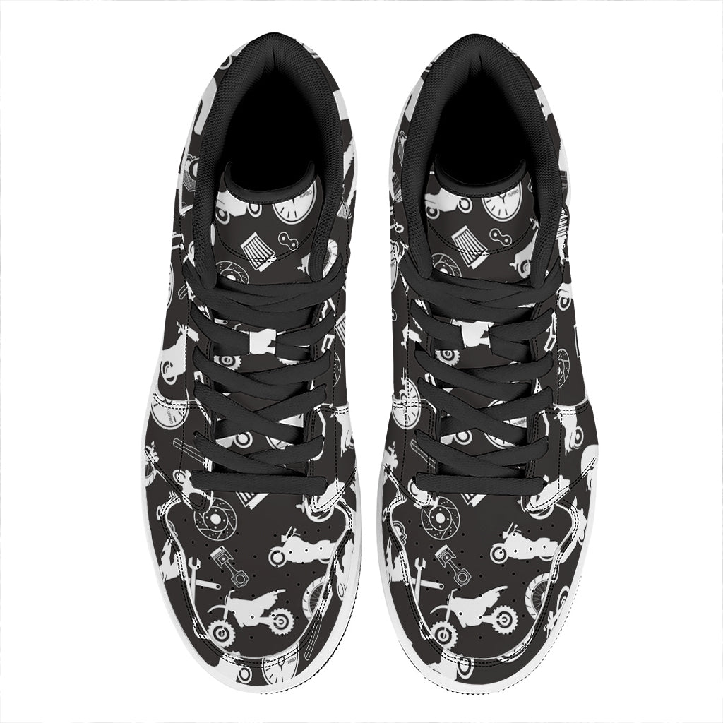 Motorcycle Equipment Pattern Print High Top Leather Sneakers