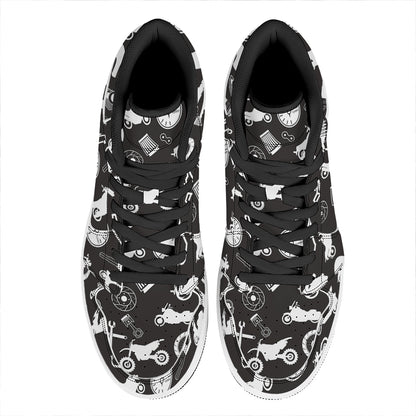 Motorcycle Equipment Pattern Print High Top Leather Sneakers