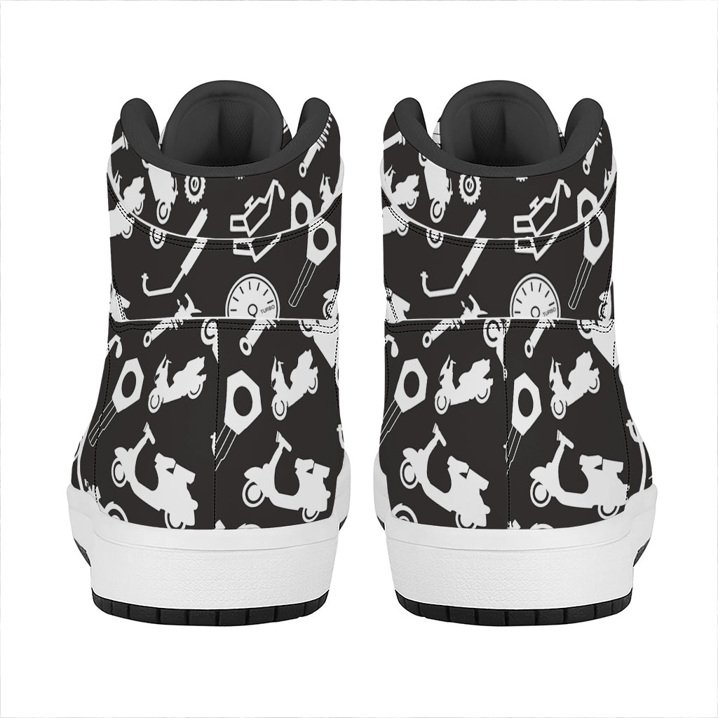 Motorcycle Equipment Pattern Print High Top Leather Sneakers
