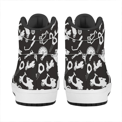 Motorcycle Equipment Pattern Print High Top Leather Sneakers