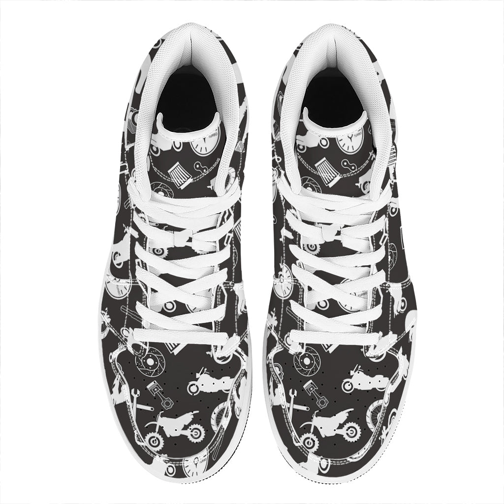 Motorcycle Equipment Pattern Print High Top Leather Sneakers