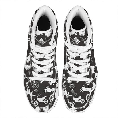 Motorcycle Equipment Pattern Print High Top Leather Sneakers