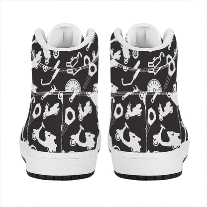 Motorcycle Equipment Pattern Print High Top Leather Sneakers