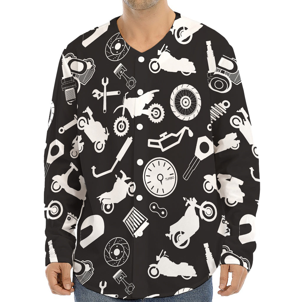 Motorcycle Equipment Pattern Print Long Sleeve Baseball Jersey