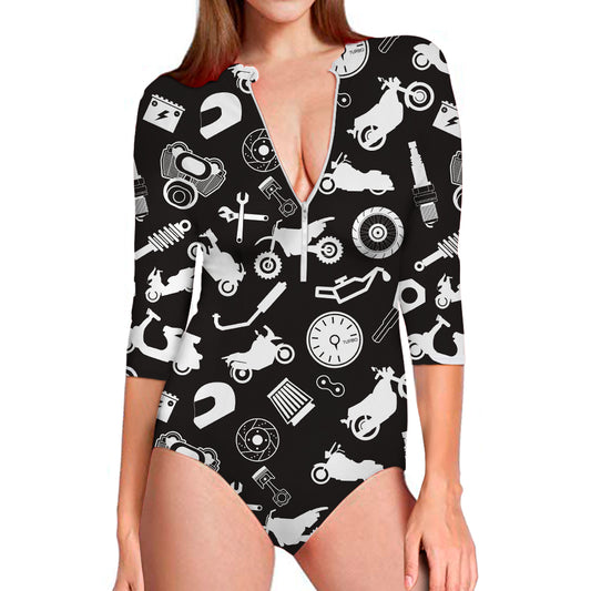 Motorcycle Equipment Pattern Print Long Sleeve Swimsuit