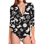 Motorcycle Equipment Pattern Print Long Sleeve Swimsuit