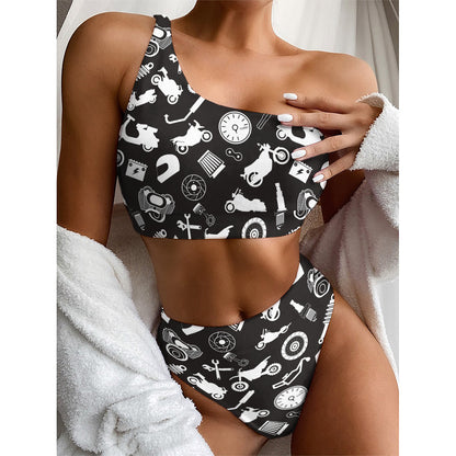 Motorcycle Equipment Pattern Print One Shoulder Bikini Top