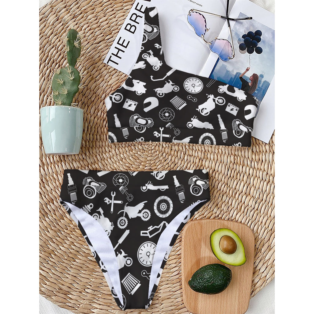 Motorcycle Equipment Pattern Print One Shoulder Bikini Top