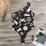 Motorcycle Equipment Pattern Print One Shoulder Bodysuit