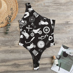 Motorcycle Equipment Pattern Print One Shoulder Bodysuit