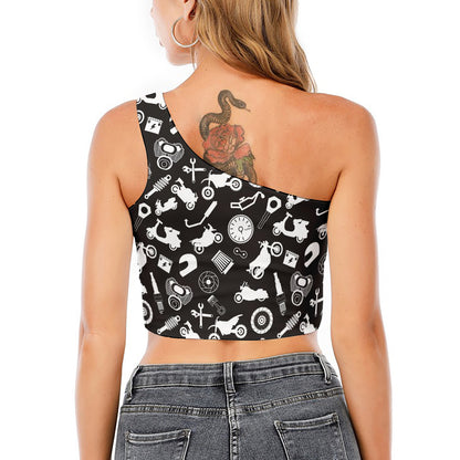 Motorcycle Equipment Pattern Print One Shoulder Crop Top