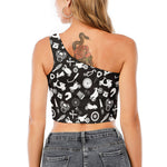 Motorcycle Equipment Pattern Print One Shoulder Crop Top
