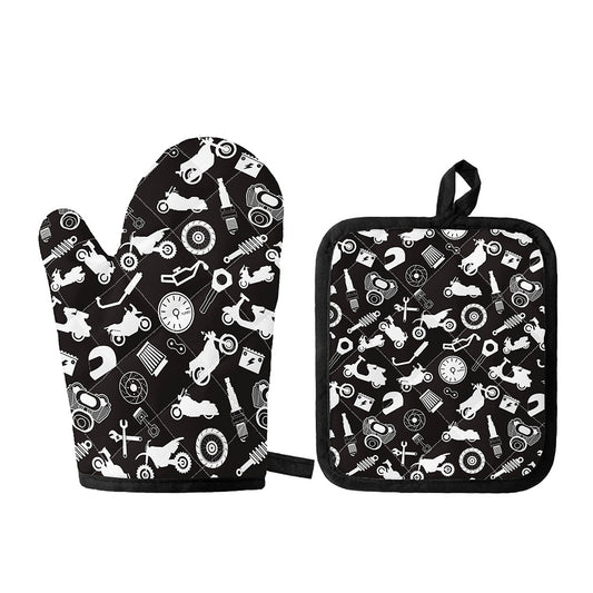 Motorcycle Equipment Pattern Print Oven Mitt And Pot Holder Set