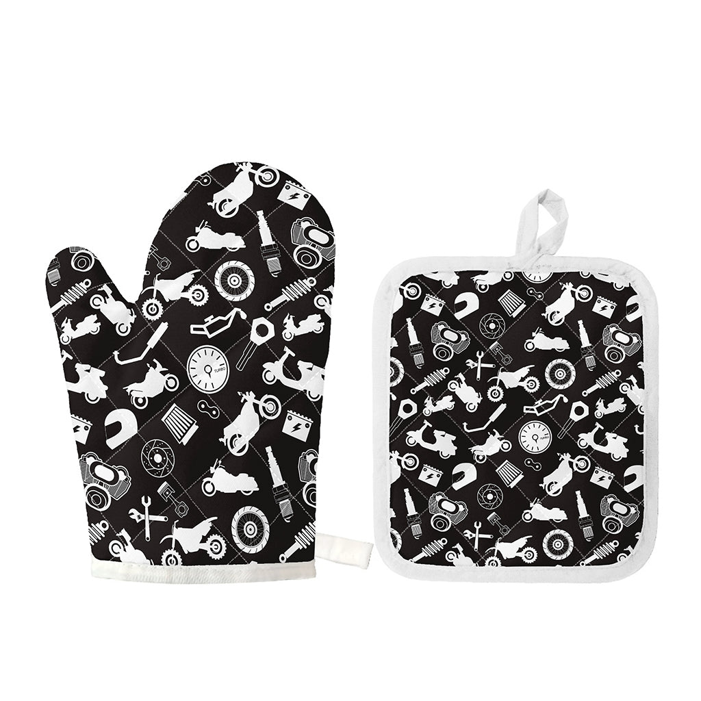 Motorcycle Equipment Pattern Print Oven Mitt And Pot Holder Set
