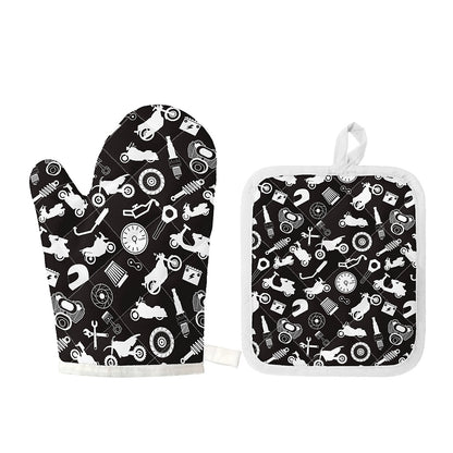 Motorcycle Equipment Pattern Print Oven Mitt And Pot Holder Set