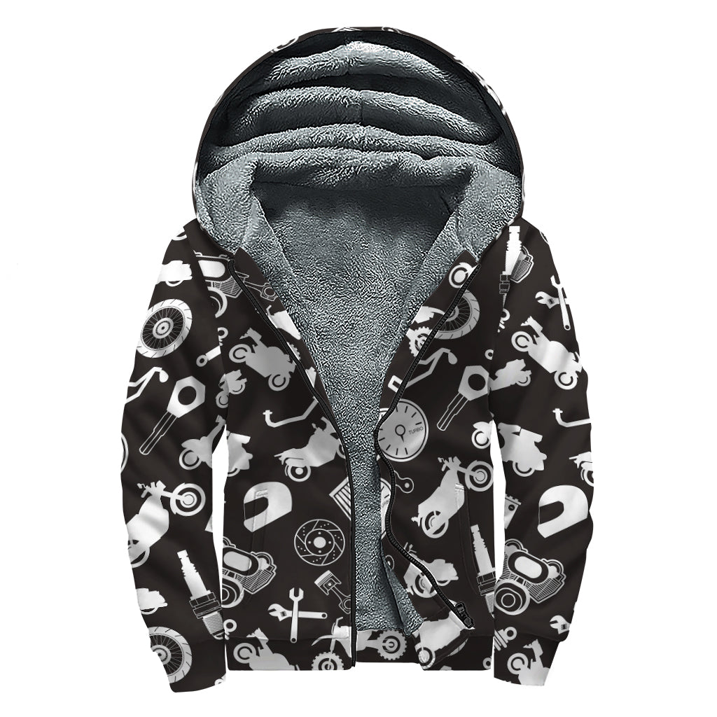 Motorcycle Equipment Pattern Print Sherpa Lined Zip Up Hoodie