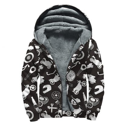 Motorcycle Equipment Pattern Print Sherpa Lined Zip Up Hoodie