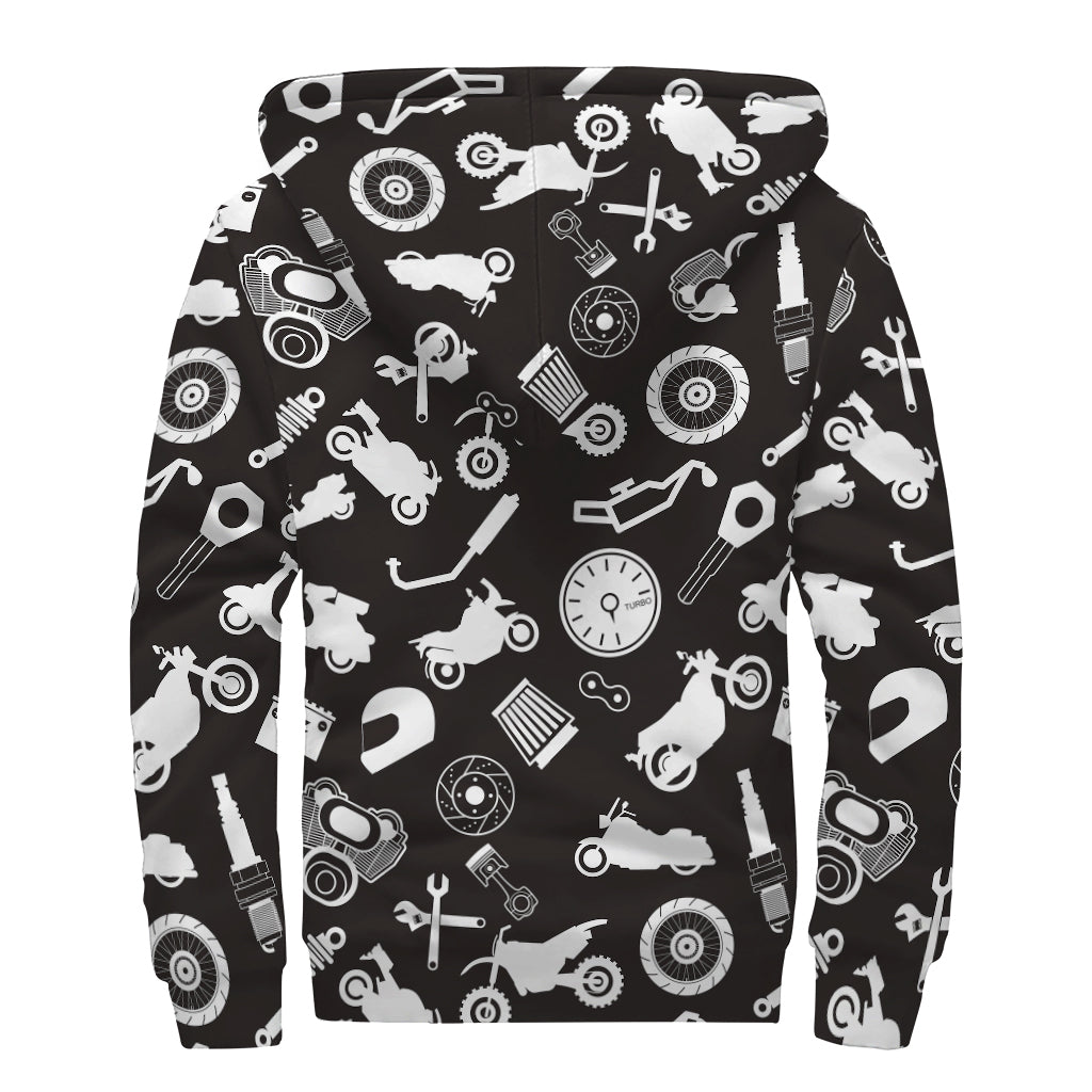 Motorcycle Equipment Pattern Print Sherpa Lined Zip Up Hoodie