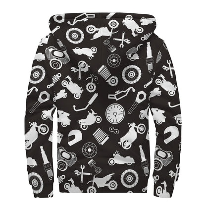 Motorcycle Equipment Pattern Print Sherpa Lined Zip Up Hoodie