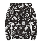 Motorcycle Equipment Pattern Print Sherpa Lined Zip Up Hoodie