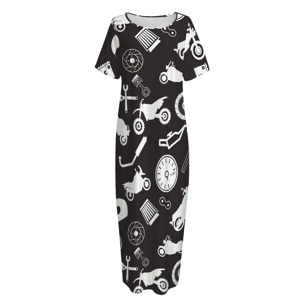 Motorcycle Equipment Pattern Print Short Sleeve Long Nightdress