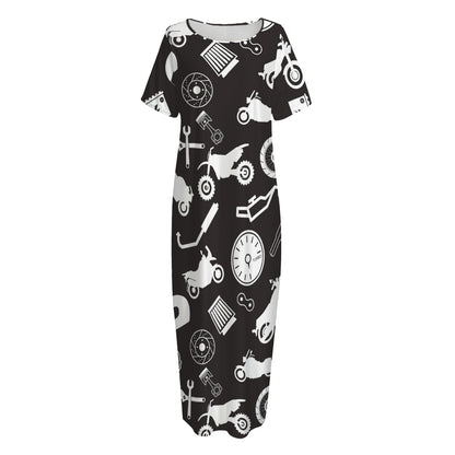 Motorcycle Equipment Pattern Print Short Sleeve Long Nightdress