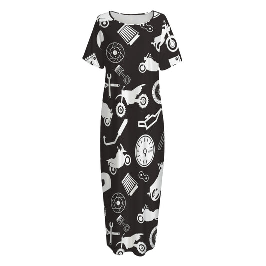 Motorcycle Equipment Pattern Print Short Sleeve Long Nightdress
