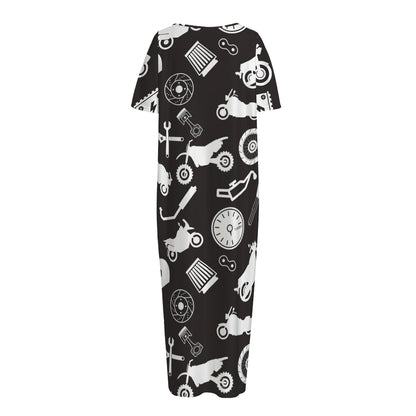 Motorcycle Equipment Pattern Print Short Sleeve Long Nightdress