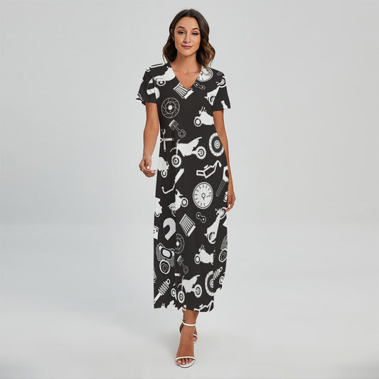 Motorcycle Equipment Pattern Print Short Sleeve Maxi Dress