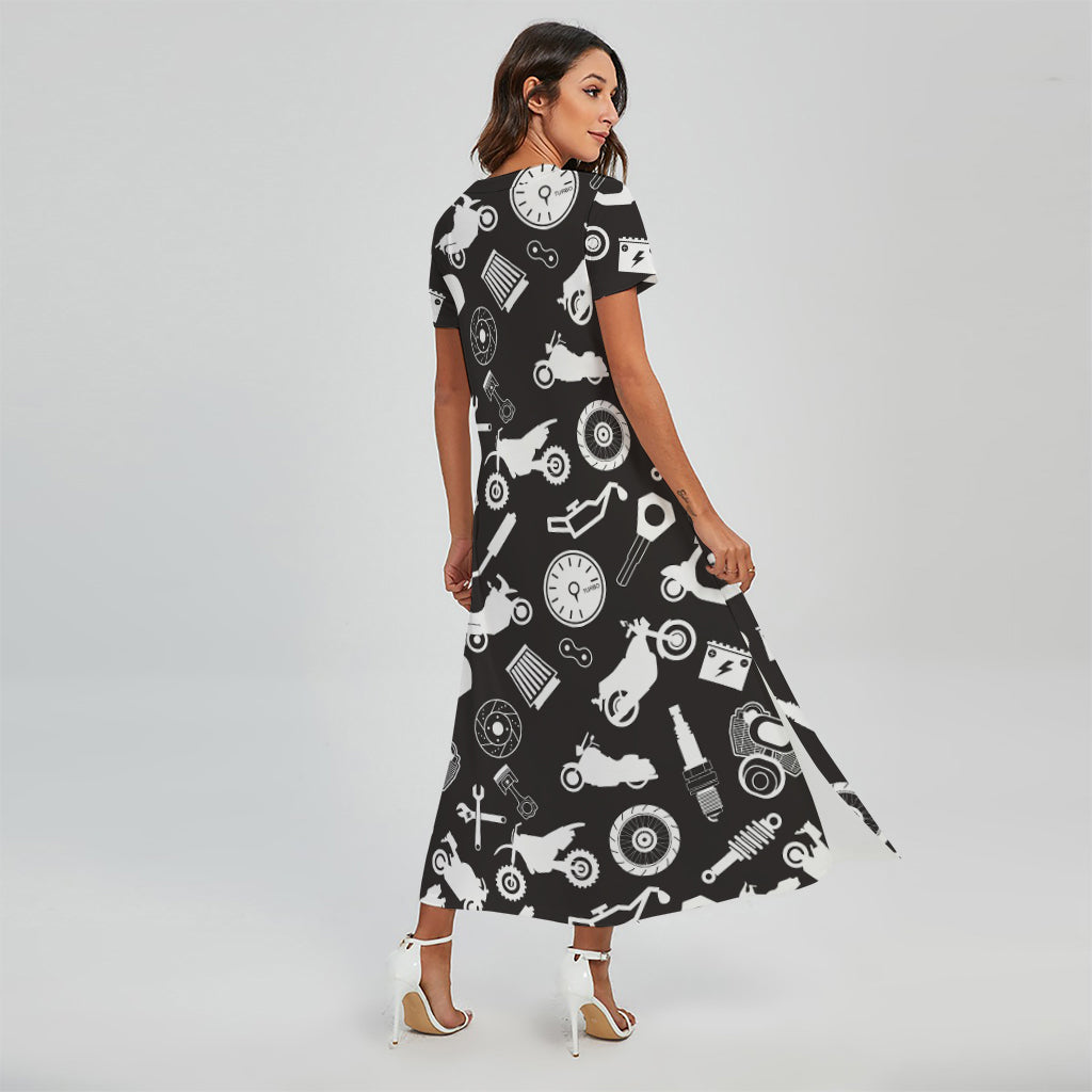 Motorcycle Equipment Pattern Print Short Sleeve Maxi Dress