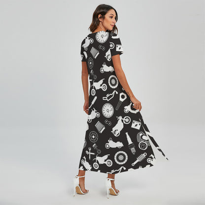 Motorcycle Equipment Pattern Print Short Sleeve Maxi Dress