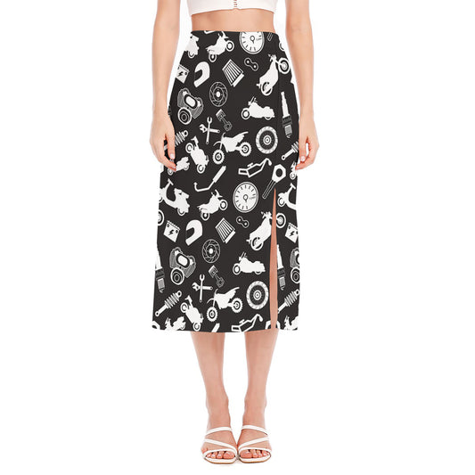 Motorcycle Equipment Pattern Print Side Slit Midi Skirt