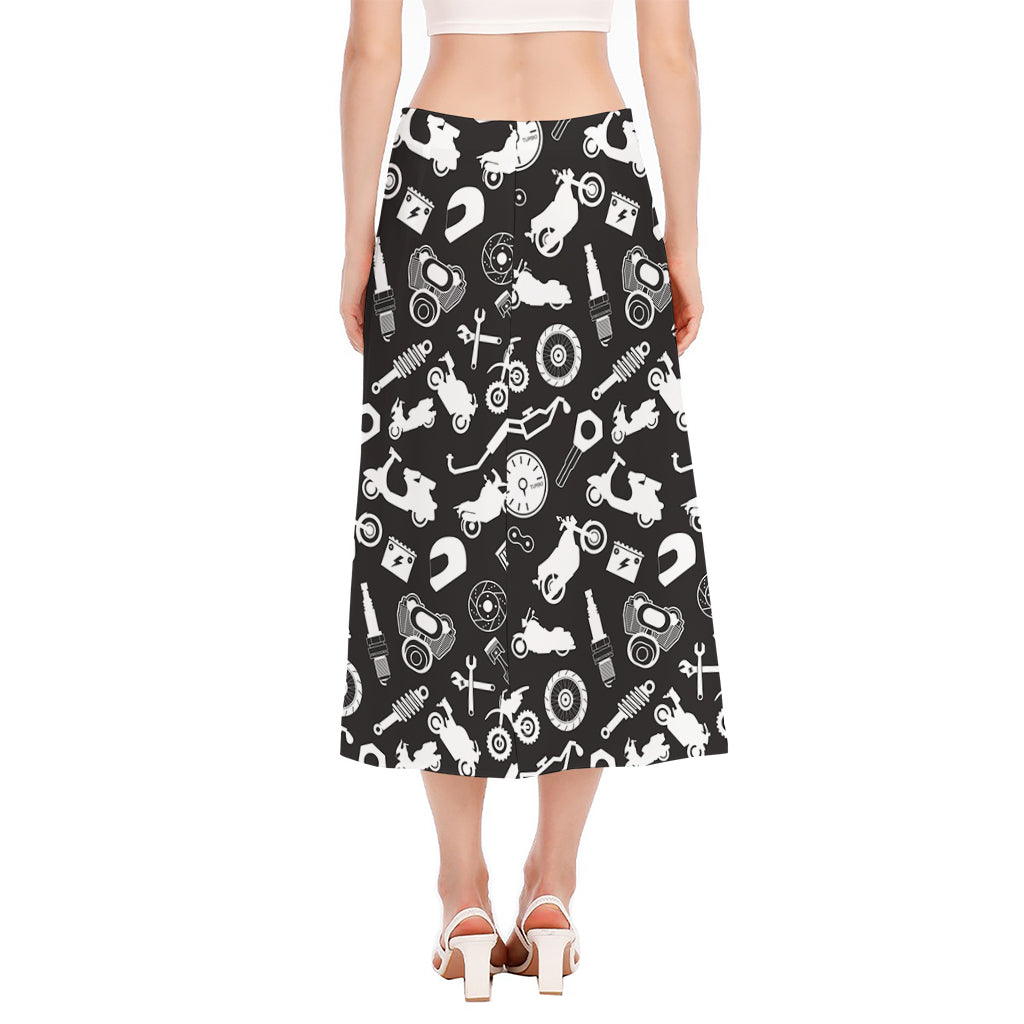 Motorcycle Equipment Pattern Print Side Slit Midi Skirt