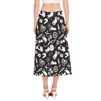 Motorcycle Equipment Pattern Print Side Slit Midi Skirt