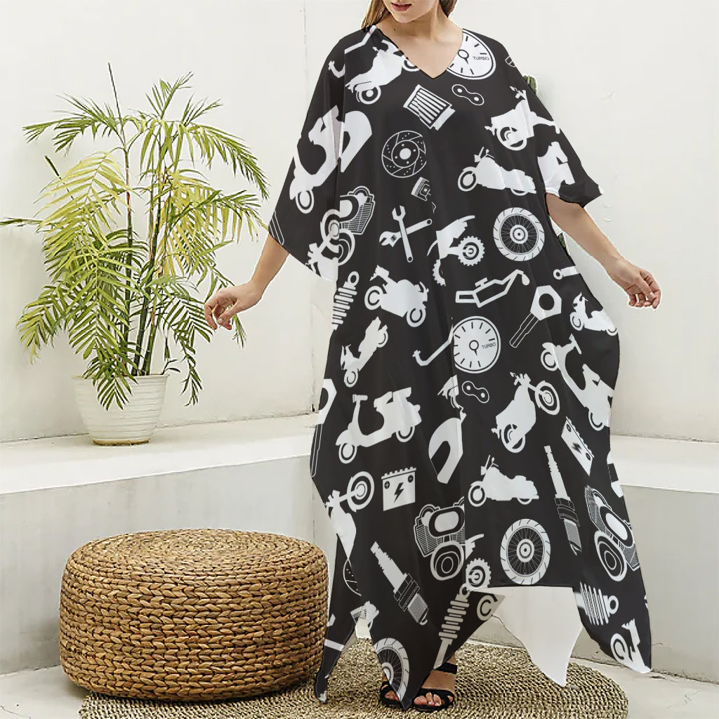 Motorcycle Equipment Pattern Print Silk V-Neck Kaftan Dress
