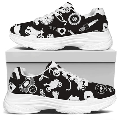 Motorcycle Equipment Pattern Print White Chunky Shoes