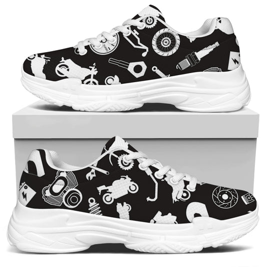 Motorcycle Equipment Pattern Print White Chunky Shoes