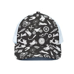 Motorcycle Equipment Pattern Print White Mesh Trucker Cap