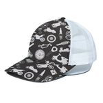 Motorcycle Equipment Pattern Print White Mesh Trucker Cap