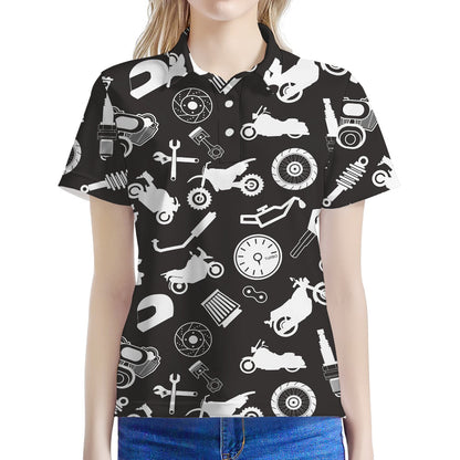 Motorcycle Equipment Pattern Print Women's Polo Shirt